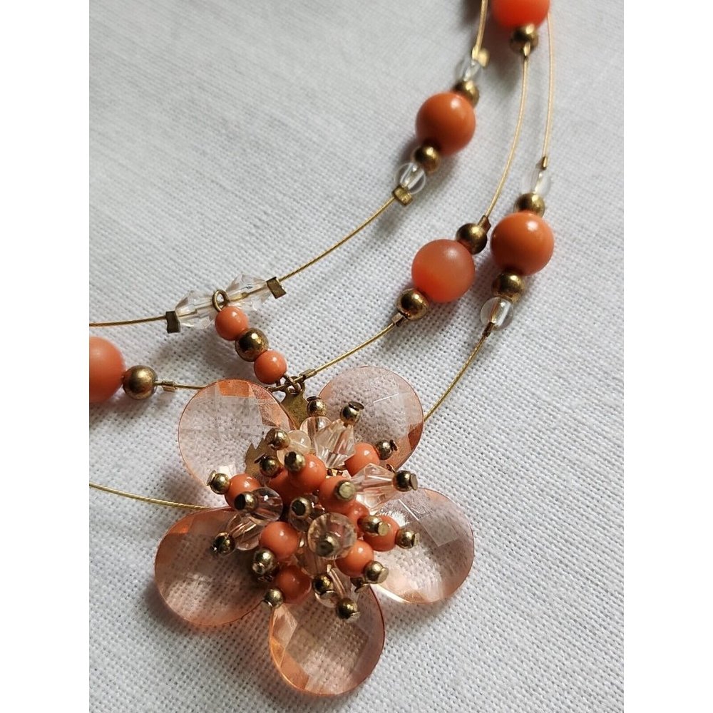 Monet 1947-1949 3 Strand Pink Flower Coral Beads Statement Necklace